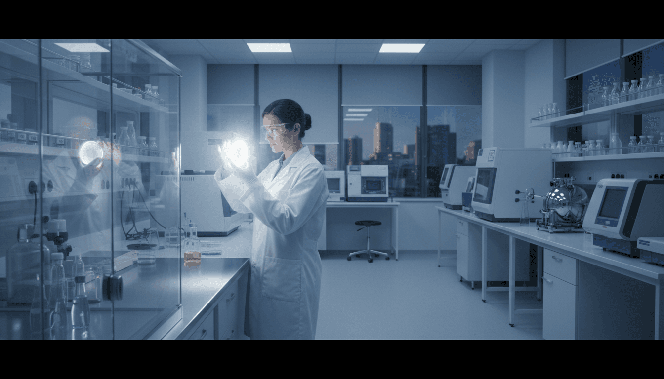 Scientist in a white coat examining a formulation sample in a bright modern laboratory