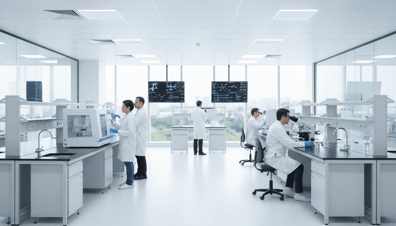 Modern pharmaceutical laboratory with researchers at work